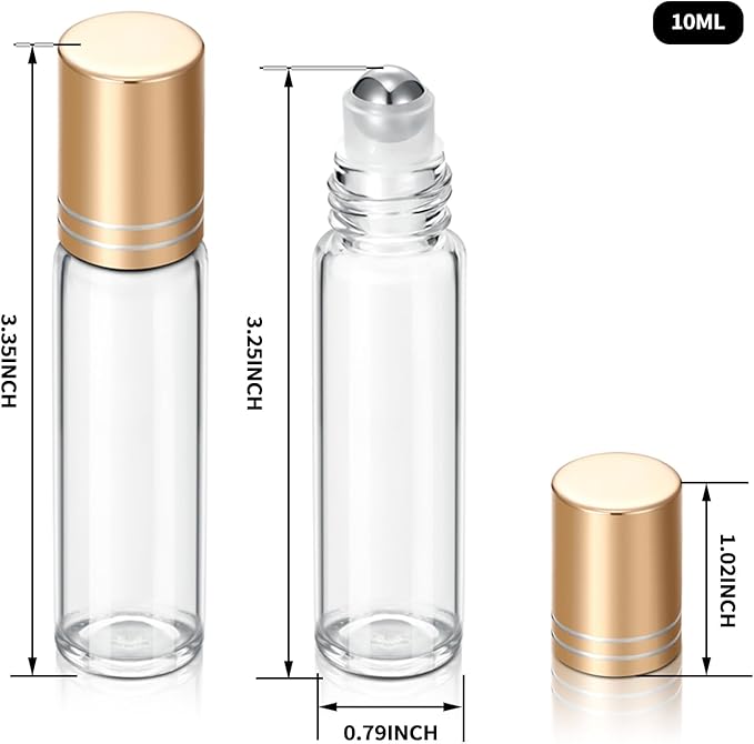 12 Pack 10ml Empty Roller Bottles for Essential Oils, Clear Glass Roller Bottles with Stainless Steel Roller Balls, Empty Refillable Leak Proof Roll on Bottles with Gold Caps (12 Pack Gold Caps)