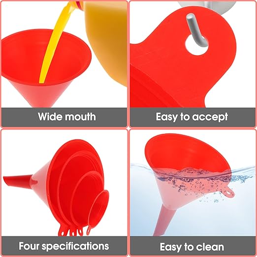 Oil Funnel Set - Plastic Funnel Kit for Car & Kitchen Use - Filling Bottles, Jars & Containers - Mini, Small & Large (4)