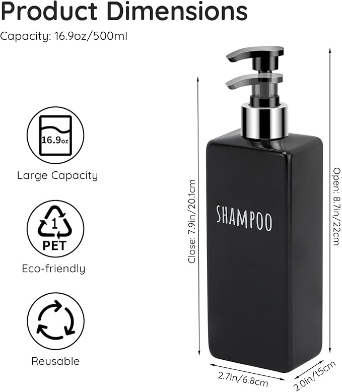 Segbeauty Shower Soap Dispenser Black, 3pcs 16.9oz Empty Refillable Bathroom Press Pump Bottles, 500ml Reusable Plastic Square Shampoo Conditioner Body Soap Dispenser Set for Modern Kitchen Home Decor