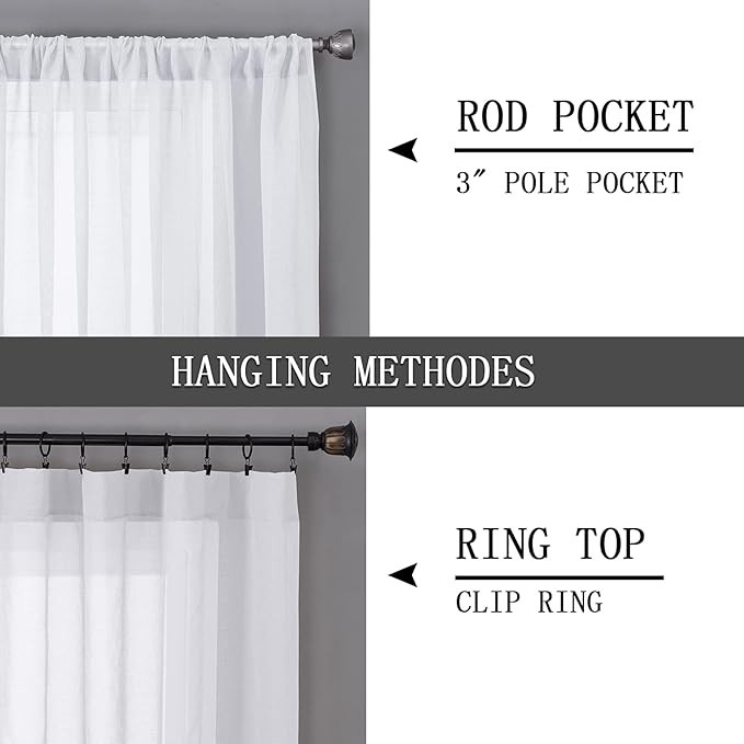 Tollpiz Short Sheer Curtain Linen Textured Living Room Curtains Sheer Light Filtering Rod Pocket Voile Curtain for Bedroom, 42 x 54 inches Long, White, Set of 2 Panels