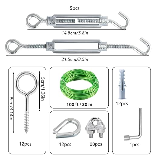 100 Ft Turnbuckles for Cables Wire, 3/16" Green PVC Coated Wire Rope Kit, Multi-use Steel Cable for Grape Vines/Clothes Line Outdoors for T Post/String Light Hanging/Garden Wire