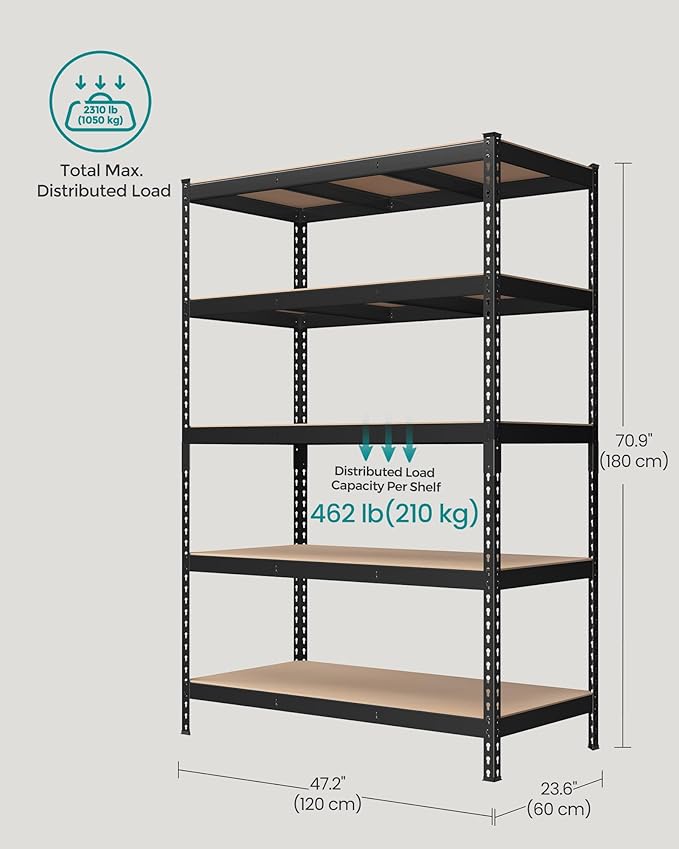 SONGMICS 5-Tier Storage Shelves, Load 2310 lb, Set of 2 Garage Storage, Boltless Assembly, Adjustable Shelving Unit, 23.6 x 47.2 x 70.9 Inches, for Study Shed Basement, Black UGLR600B02