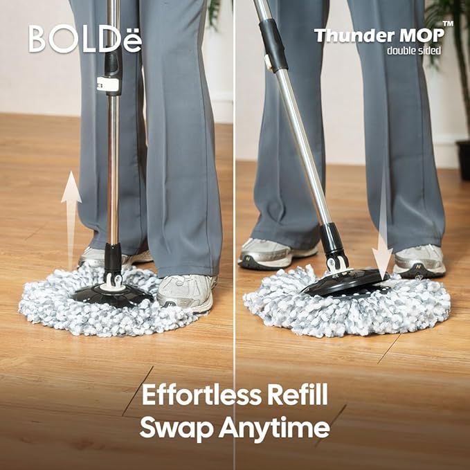 Thunder Mop Spin System - 2 Compact Stackable 6L Buckets, Microfiber Head, Stainless Steel Wringer, Antifungal Quick-Dry Cleaning, Soap Dispenser, 3 Free Refills (Lt Green/Dk Green)