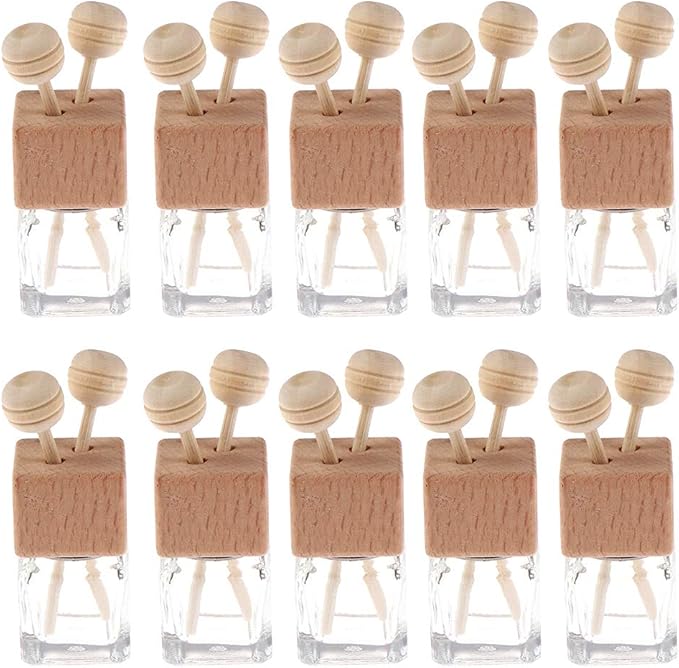 10 Pack,8ml Clear Glass Car Air Freshener Perfume Clip Diffuser,Empty Essential Oil Perfume Vials Diffuser Vent Outlet,Thick Glass Ornament With Wooden Caps,FREE Funnel,Dropper