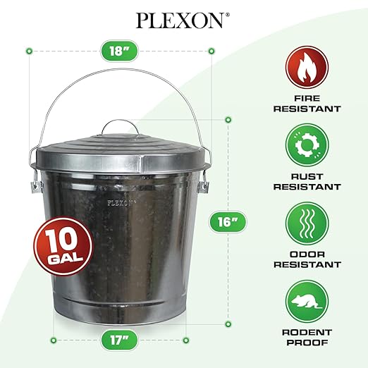 Plexon 10 Gallon Trash Can with Lid Outdoor Galvanized Metal Bucket with Locking Lid for Poultry Feed Bird Seed Storage Ash Garbage Trash Bin