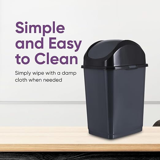 Superio Small 2.5 Gallon Plastic Trash Can with Swing Top Lid, Compact Slim Waste Bin for Under Desk, Office, Bedroom, Bathroom, Dorm Room, 10 Qt. Portable Garbage Can (Dark Grey, 2 Pack)