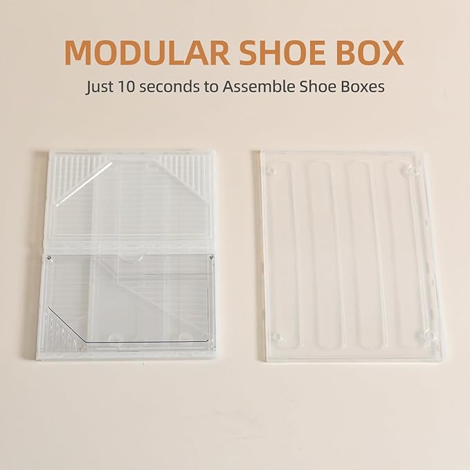 Modular XX-Large Shoe Organizer,6 Pack Shoe Storage Organizer Easy to Assemble,Shoe Box Clear Plastic Stackable,Drop Front Shoe Box with magnetic Door, Containers For Sneaker,Fit up to US Size 15