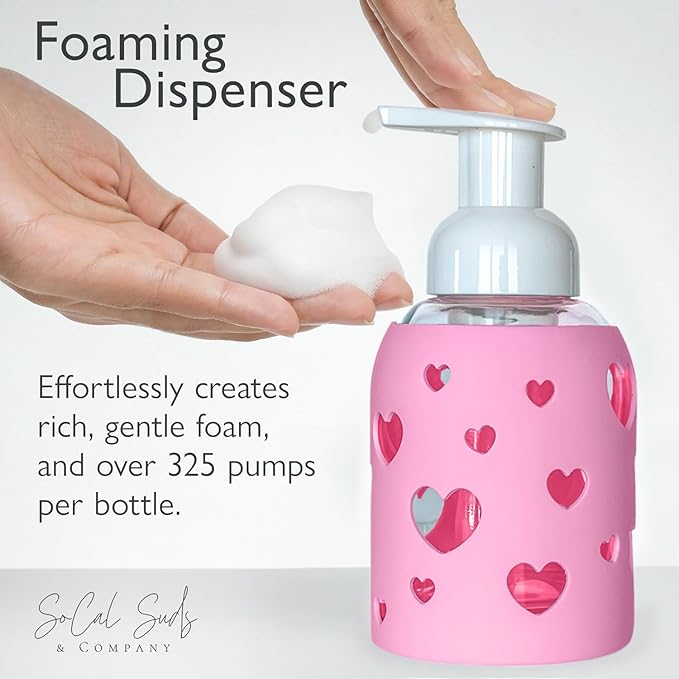 SoCal Suds & Company Glass Foaming Hand Soap Dispenser, Heart Silicone Sleeve, Refillable Pump Bottle for Kids, Baby Wash & Shampoo, Ideal for Home Use, Bright Pink 8oz