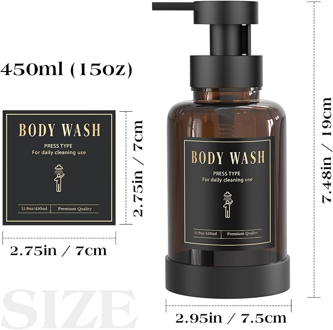 Luxspire Foaming Soap Dispenser, Glass Foam Pump Soap Dispenser, Non-Slip Silicone Sleeve & 5 Waterproof Labels, 15 Oz Refillable Liquid Bottle for Bathroom & Kitchen, Amber, 1 Pack
