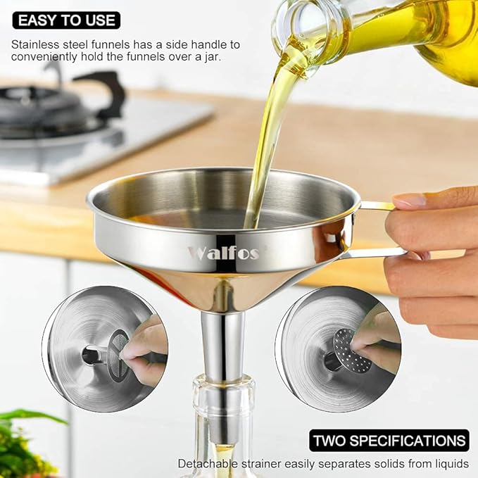 Large Stainless Steel Funnel, Walfos Kitchen Funnel with 2 Removable Strainer ＆ 1Pc Cleaning Brush, Perfect for Transferring of Liquid, Oils, Jam, Dry Ingredients & Powder (Big, 5.7")