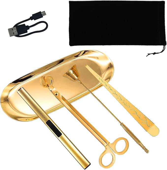 5Pcs Stainless Steel Candle Wick Trimmer Set, Candle Wick Trimmer, Candle Wick Dipper, Candle Wick Snuffer and Rechargeable Electric Candle Lighter for Candle Lovers(Gold)