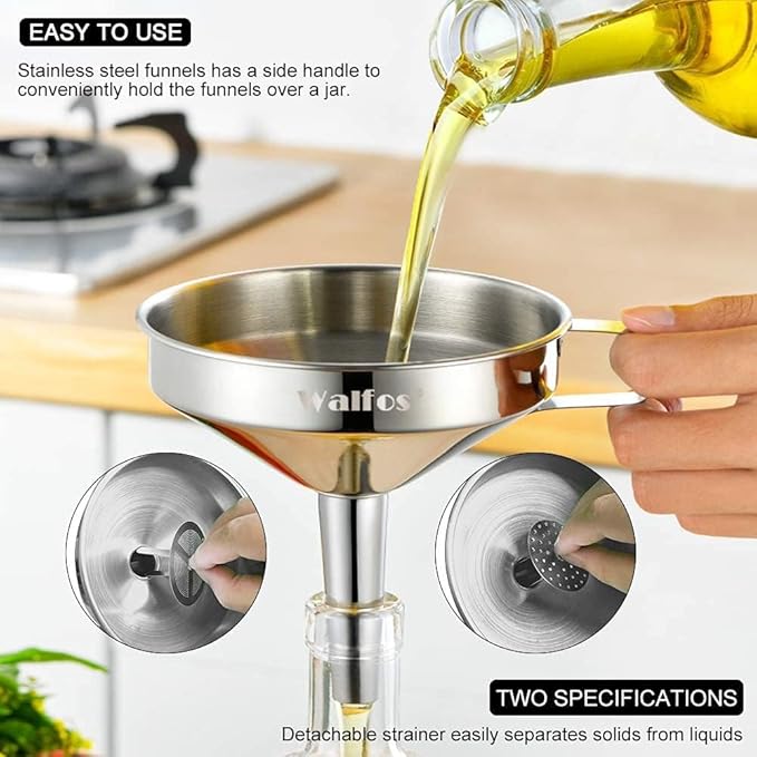 Stainless Steel Funnel, Walfos 3 Different Sizes of Kitchen funnels with 2 Removable Strainer ＆ 1Pcs Cleaning Brush, for Transferring of Liquid, Oils, Jam, Powder