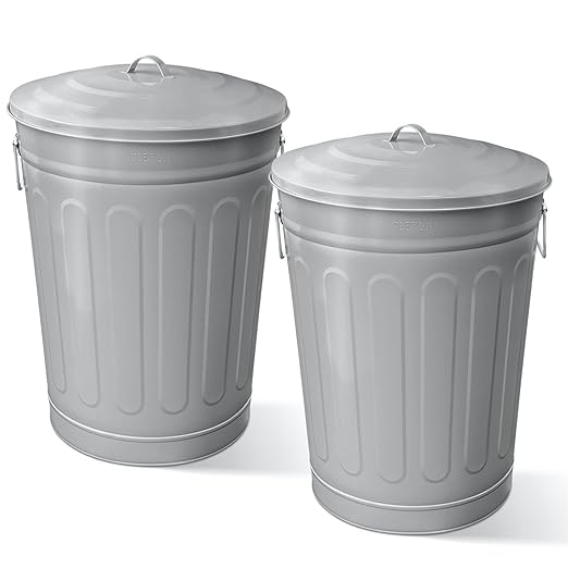 Plexon Round Trash Can 13 Gallon, Vintage Metal Outdoor Trash Can with Lid, Retro Farmhouse Garbage Container, Old School Modern Ash Bucket, Gray 2 Pack