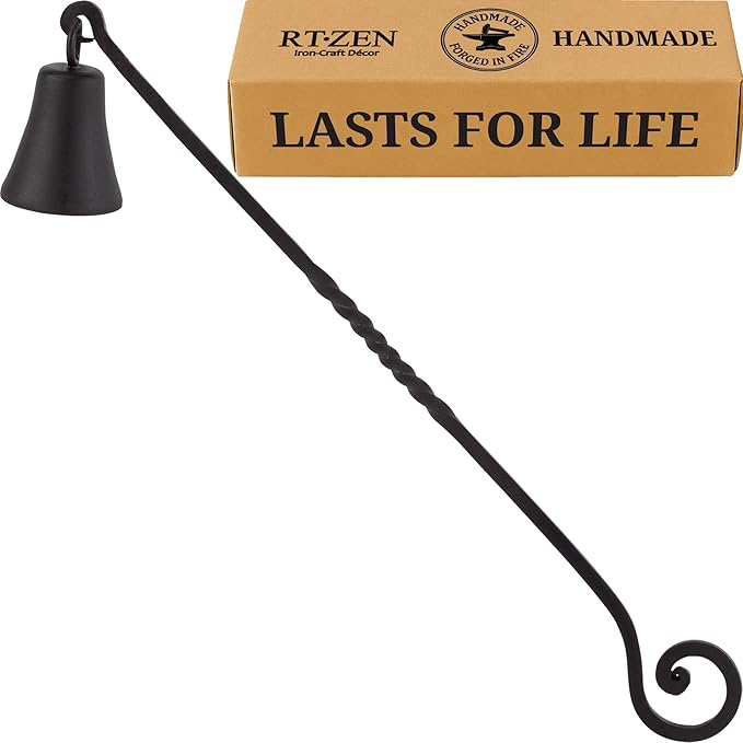 RTZEN Antique Bell Candle Snuffer - Handcrafted Decorative Rustic Wrought Iron Candle Extinguisher Candlesnuffer with Long Handle - Unique Black Matte Farmhouse Decor Accessories Gift