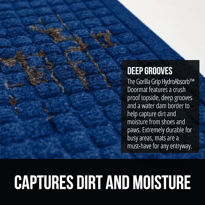 GORILLA GRIP Front Door Mat, 47x35, Indoor Outdoor Ultra Absorbent HydroAbsorb Doormat, Absorbs Up to 6 Cups of Water, Stain and Fade Resistant, Rubber Backing Doormats, Captures Dirt, Blue