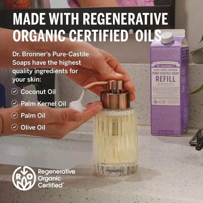 Dr. Bronner's Pure-Castile Liquid Magic Soap Refill - Made with Regenerative Organic Certified Oils, 86% Less Plastic per Quart - 18-in-1 Uses for Face, Body Wash, Hand Soap Refill- Lavender, 32oz