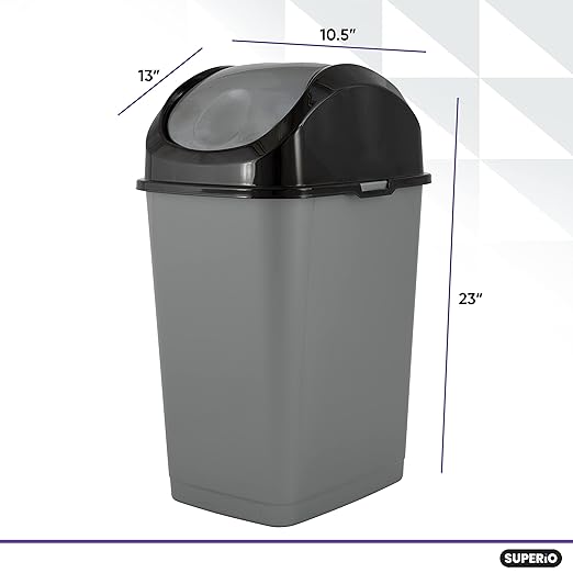 Superio Office Trash Can with Lid 9 Gallon Kitchen Garbage Can Bedroom Waste Basket 37 Qt. Swing Top Trashcan Plastic Durable Waste and Recycle Bin (2, Grey/Black)