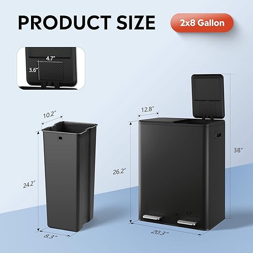 WLIVE Dual Trash Can, 2 x 8 Gallon (2 x 30 L), Step Trash Can with Lid with Inner Buckets, 2 Compartment, Heavy-Duty Stainless Steel Gabage Can for Kitchen with 15 Trash Bags, Black