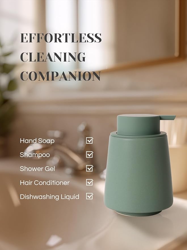 INGOFIN Ceramic Foaming Soap Dispenser -14 oz Foam Hand Soap Dispenser Bathroom Modern Refillable Dish Wash Bottle for Kitchen with Large Pump Matte Green