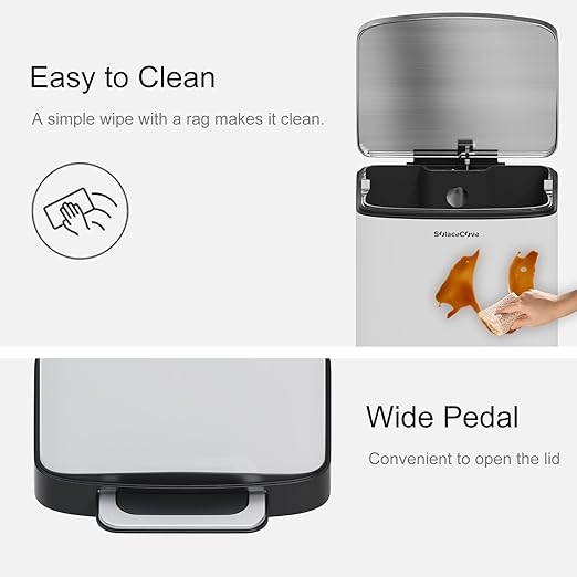 30L/8 Gallon Stainless Steel Garbage Bin with Soft-Close Lid,Step Trash Can with Removable Plastic Inner Bucket, Fingerprint-Proof(White)