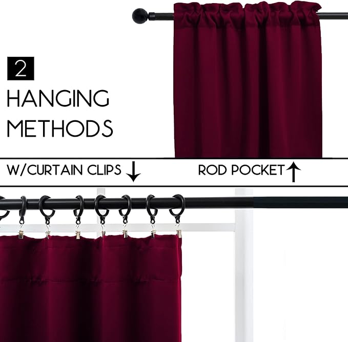Pickluc Cafe Curtain 30 Inches Long, Rod Pocket Kitchen Half Window Curtain, Short Blackout for Small Window, 2 Panels, 30" Wide and 30" Length, Burgundy Red