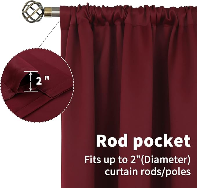 BGment Burgundy Blackout Curtains 63 Inch Length for Bedroom - Rod Pocket Thermal Insulated Room Darkening Curtain for Living Room, 42 x 63 Inch, 2 Panels
