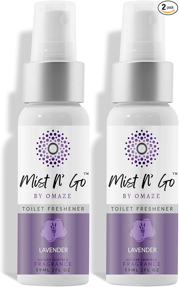 Mist N’ Go by Omaze Travel Bathroom Spray for Toilet Spray Odor Eliminator - Travel Toilet Spray for Bathroom Air Freshener Spray for Bathroom Deodorizer - Lavender Regular Size (2oz x2)