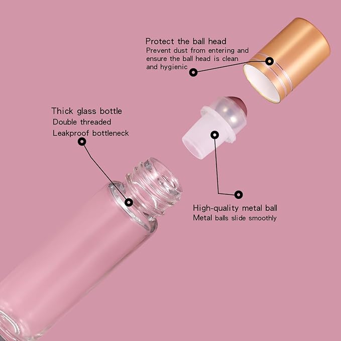 12 Pack 10ml Empty Roller Bottles for Essential Oils, Clear Glass Roller Bottles with Stainless Steel Roller Balls, Empty Refillable Leak Proof Roll on Bottles with Gold Caps (12 Pack Gold Caps)
