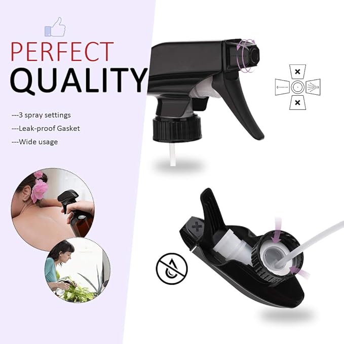AMORIX 50PCS Spray Bottle Tops Black Trigger Sprayer Heavy Duty Replacement Nozzle with Mist Spray & Stream Sprayer, Fits Standard 28/400 Neck Bottles + Tag Label Stickers