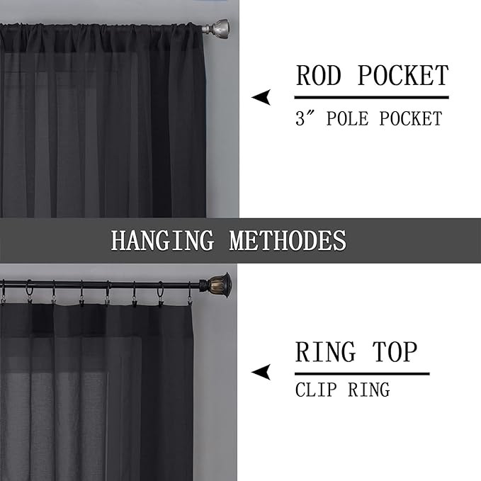 Tollpiz Short Sheer Curtains Linen Textured Bedroom Curtain Sheers Light Filtering Rod Pocket Voile Curtains for Living Room, 54 x 45 inches Long, Black, Set of 2 Panels