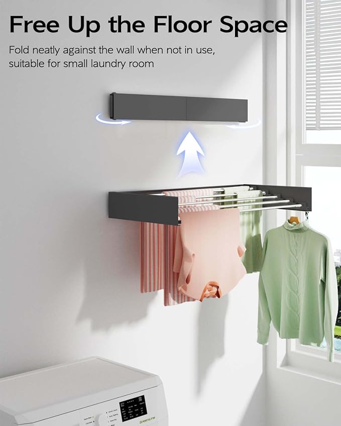 Wall Mounted Clothes Drying Rack 32", Foldable Wall Mount Laundry Rack Folding Indoor, Drying Rack Clothing Collapsible, Hidden Space Saver with Wall Template, 5 Rods, Black