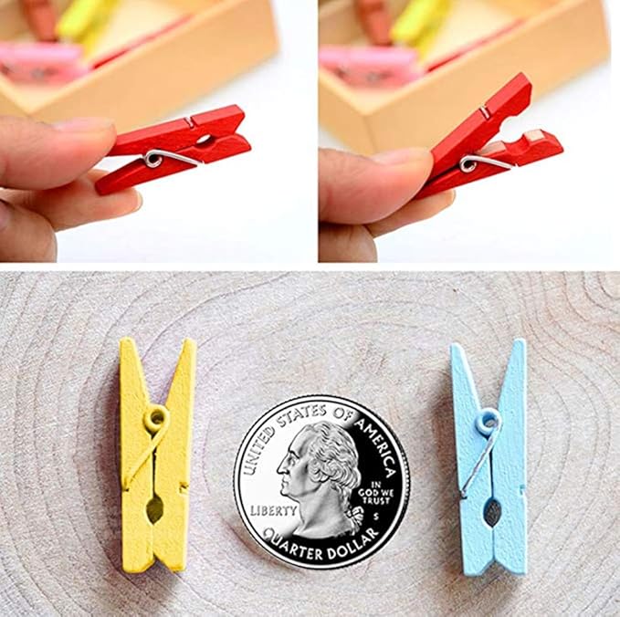DurReus 50PCS Tiny Wooden Clothespins Photo Paper Peg Mini Wood Clothes Pins Home School Arts Crafts Decor,Hanging Pictures with Jute Twine Green