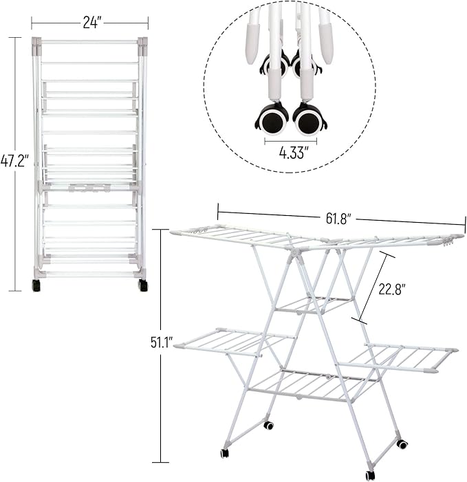 Gullwing Laundry Drying Rack, Space Saving Indoor & Outdoor Use, 61.81' x 22.84' x 51.18'