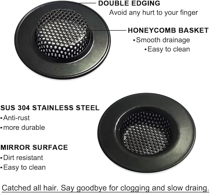 1.75" Bathtub Drain Strainers, Shower Drain Hair Catchers, Stainless Steel Drain Filter Cover for Bathroom Laundry Floor Drain, Fit for 1.75"-3.0" Drain Hole Black