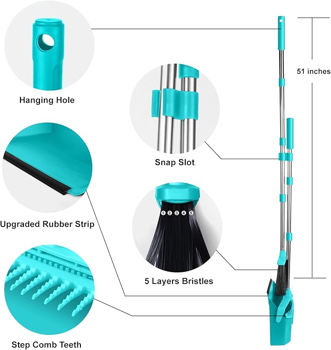 Upgrade Broom with Dustpan Combo Set, Broom and Dustpan Set with 51'' Long Handle, Large Upright Brooms and Dust Pans, ZeroGap Lip, Self-Cleaning Dustpan Teeth for Lobby and Restaurant - Blue