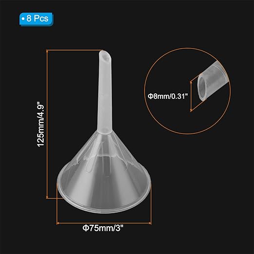 PATIKIL 3 Inch Clear Plastic Funnel, 8 Pcs Wide Mouth Multipurpose Transfer Funnel with Long Spout for Filling Water Bottle Liquid Lab Spices Powder Oil