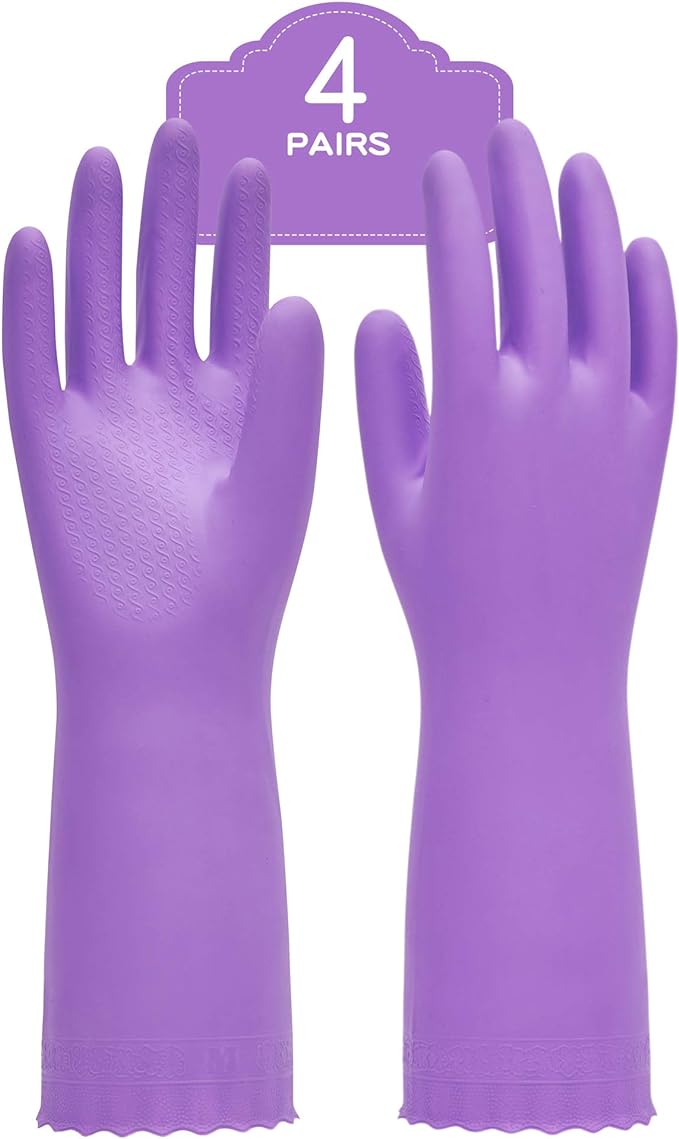 PACIFIC PPE 4 Pairs Reusable Dishwashing Cleaning Gloves with Latex Free, Cotton Lining, Kitchen Gloves, Purple, Medium