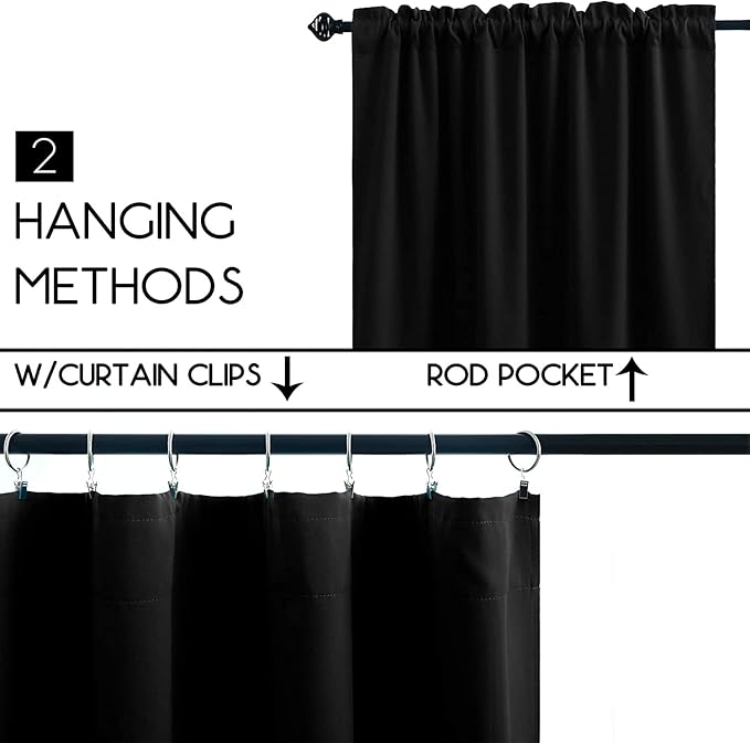 Pickluc 24 Inch Long Tier Curtains for Small Window Treatment, Short Blackout Curtain with Rod Pocket - Half Window Curtains for Kitchen, Cabinet, Basement, Camper, 2 Panels, Black, 30 Inches Wide
