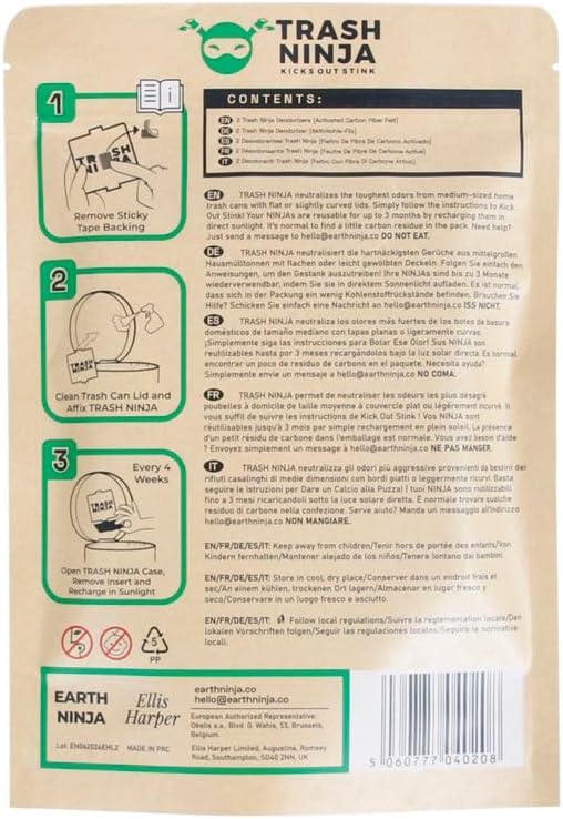 Trash Ninja Trash Can Deodorizer and Odor Eliminator (2 Pack) for Indoor Trash Cans Up to 10 Gallons, Made with Natural Activated Carbon - Lasts Up to 3 Months - Garbage Can Deodorizer to Control Odor
