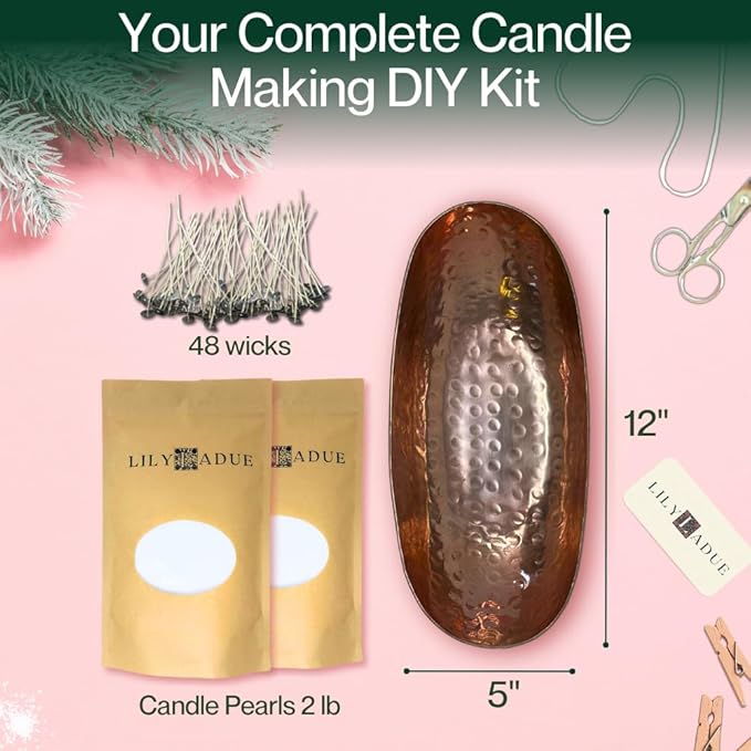 LILY LADUE Candle Refill Kit - 2Lb/32Oz Pearled Candles Sand and Wicks (48) and Hammered Copper Holder, Reusable Unique Sand Candles with Wicks for Candle Making, Bulk Unscented Pearl Wax Beads