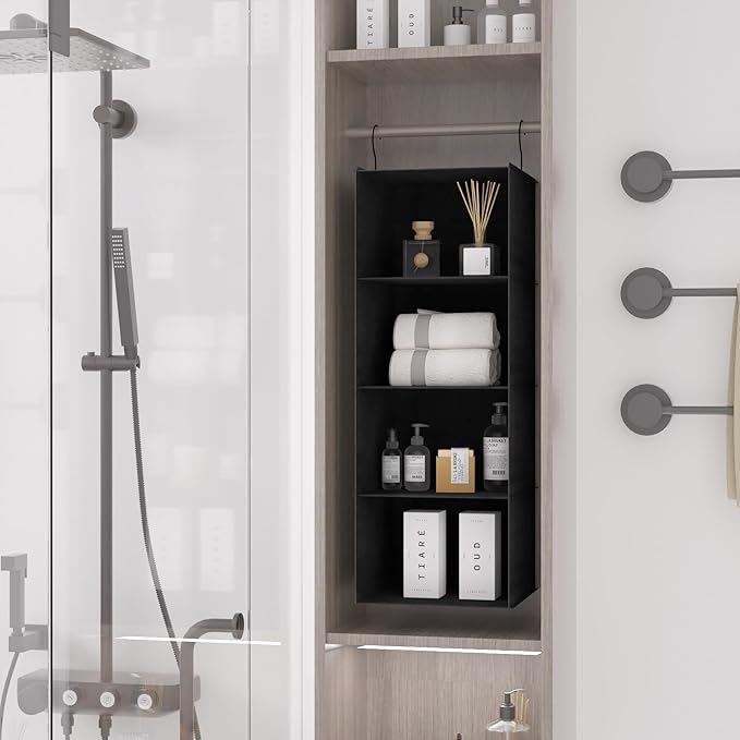 Hanging Closet Organizer, Easy Mount Foldable 4-Shelf Hanging Closet Wardrobe Storage Shelves, Clothes Handbag Shoes Accessories Storage, Washable Oxford Cloth Fabric, Black