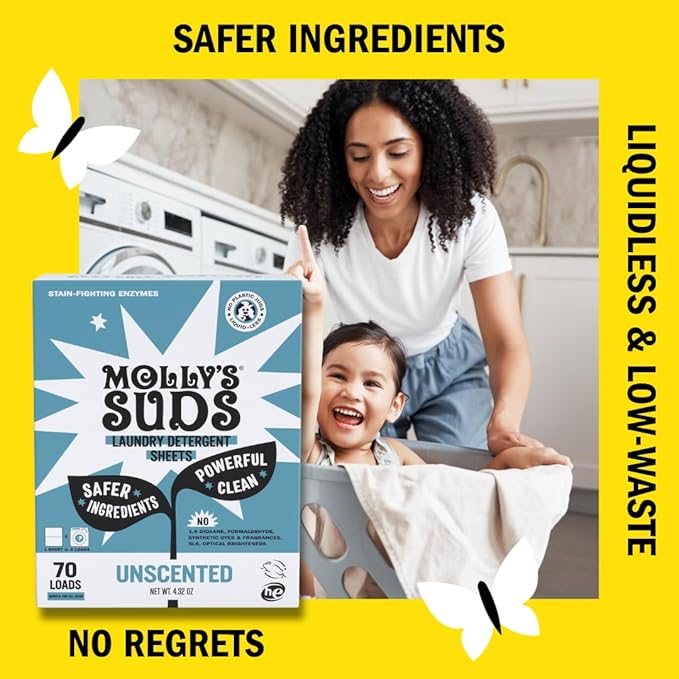 Molly’s Suds Laundry Detergent Sheets | Gentle on Sensitive Skin, Powerful Bio-Based Enzymes, Stain-Fighting | Liquidless & Plastic-Free Packaging | 120 Loads (Unscented)