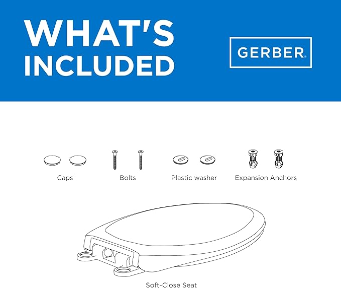 Gerber Universal Elongated Toilet Seat with Cover, Soft Close, Top Mount, Easy Install, Heavy-Duty Plastic, Adjustable Fit for Standard Elongated Toilets, Fade-Resistant, White G0099849