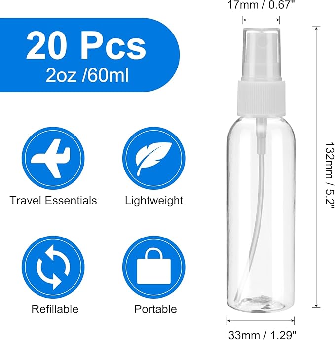 uxcell 20Pack Spray Bottles, 2Oz/60ML Clear Empty Mist Plastic Mini Travel Bottle Set,Small Refillable Liquid Containers for Household Use, Essential Oil, Cleaning (Transparent White)