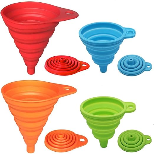 KongNai Kitchen Funnel Set 4 Pack, Small and Large, Kitchen Gadgets Accessories Foldable Silicone Collapsible Funnels for Filling Water Bottle Liquid Transfer Food Grade