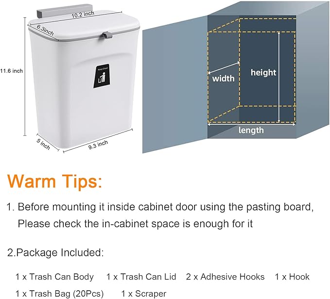 Tiyafuro 2.4 Gallon Kitchen Compost Bin for Counter Top or Under Sink, Hanging Small Trash Can with Lid for Cupboard/Bathroom/Bedroom/Office/Camping, Mountable Indoor Compost Bucket, White