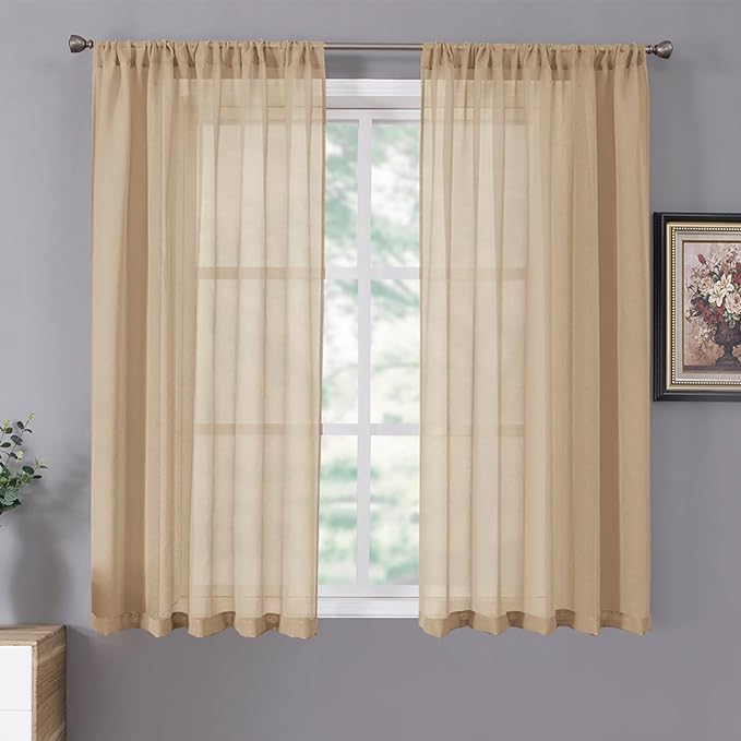 Tollpiz Sheer Curtains Living Room Linen Textured Curtain Sheers Light Filtering Voile Rod Pocket Curtains for Bedroom, 38 x 63 inches Long, Beige, Set of 2 Panels