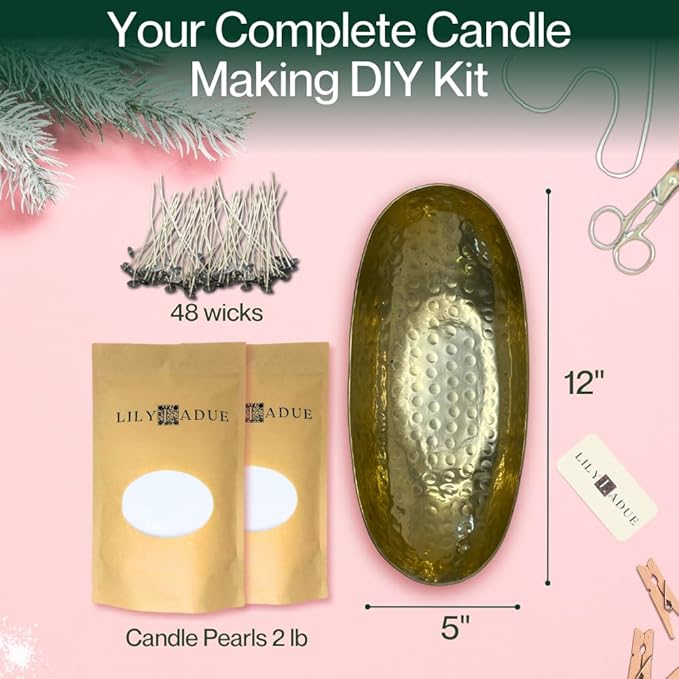 LILY LADUE Candle Refill Kit - 2Lb/32Oz Pearled Candles Sand and Wicks (48) and Hammered Gold Holder, Reusable Unique Sand Candles with Wicks for Candle Making, Bulk Unscented Pearl Wax Beads