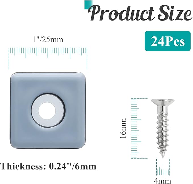 24pcs 1" (25mm) Screw on Furniture Sliders, Teflon Chair Leg Slides, Square Furniture Glides with Screws for Hardwood Floors Protectors (Gray/Black)