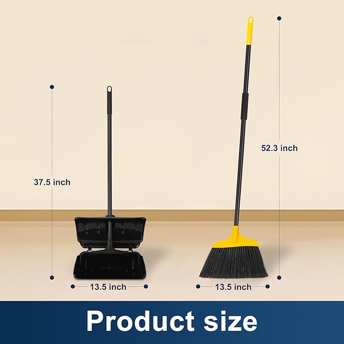 Indoor/Outdoor Heavy Duty Broom and Dustpan Set,Upright Plastic Commercial Dust Pan with 2 Brooms Perfect for Sweeping Courtyard Garage Lobby Kitchen Office Mall Market Shop Floor